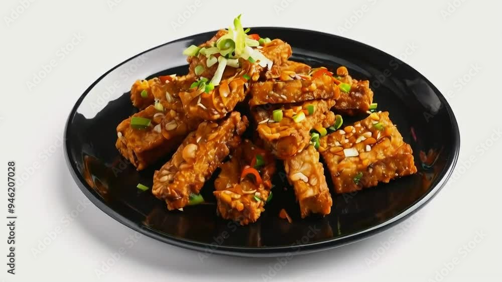 A plate of tempe goreng, showcasing the golden-brown, crispy fried tempeh slices, garnished with sliced spring onions, served on black plate, isolated on white background A plate of tempe goreng, showcasing the golden-brown, crispy fried tempeh slices, garnished with sliced spring onions, served on black plate, isolated on white background
