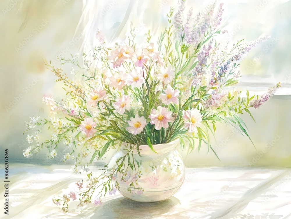 A delicate bouquet of wildflowers in a sunny room, radiating a sense of peace and natural beauty. A delicate bouquet of wildflowers in a sunny room, radiating a sense of peace and natural beauty.