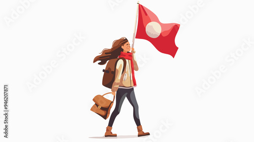 Young Student Girl Waving Flag in Mixed Media Flat Vector Illustration