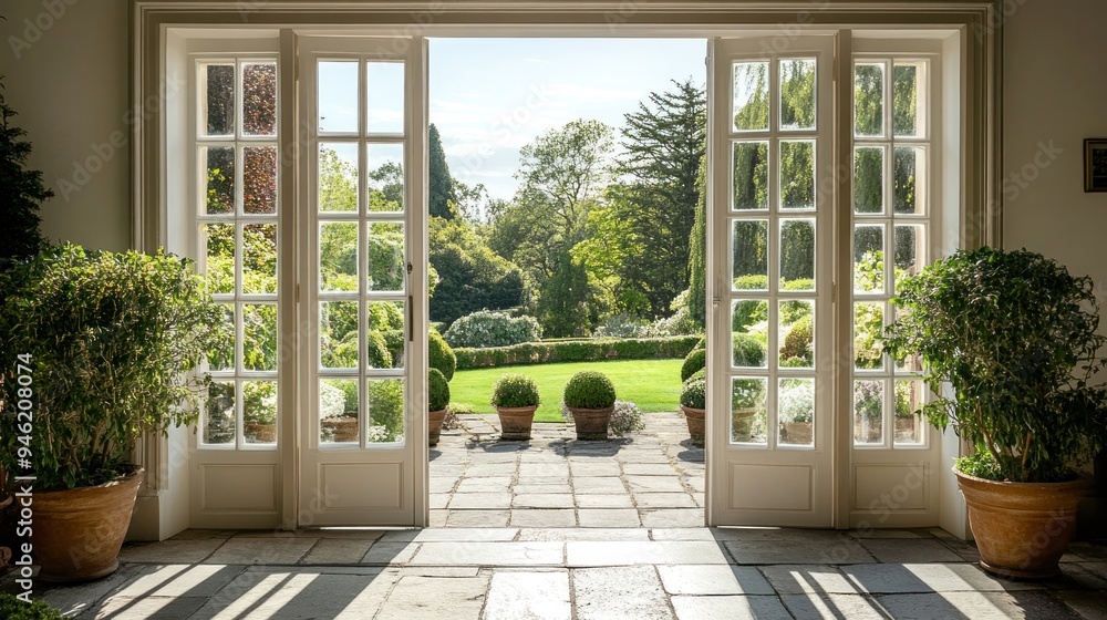 French Doors Opening to a Lush Garden