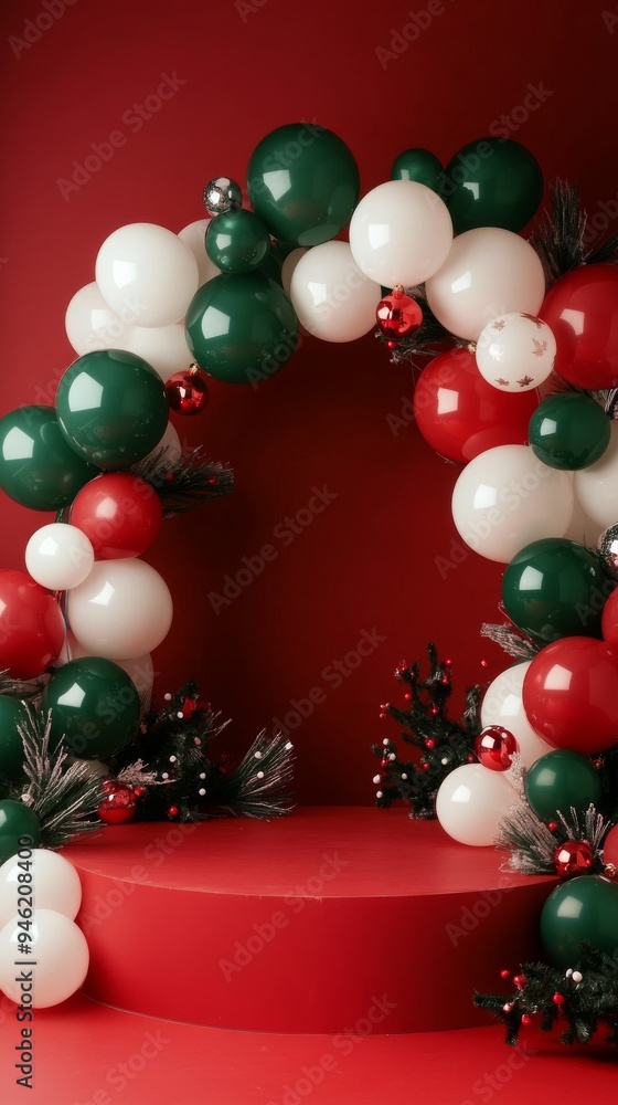 Christmas themed empty podium decorated with green and red balloons Christmas themed empty podium decorated with green and red balloons