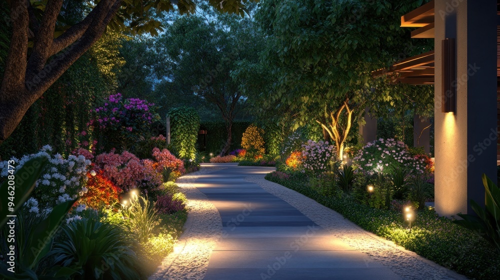 Obraz premium Illuminated Pathway Through Lush Garden