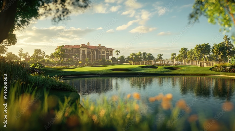 A golf course framed with a blurred bridge background, highlighting the architectural beauty of the course010fc97783e8 A golf course framed with a blurred bridge background, highlighting the architectural beauty of the course010fc97783e8