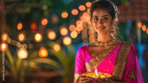 Young Woman Celebrating Diwali with Traditional Dress..