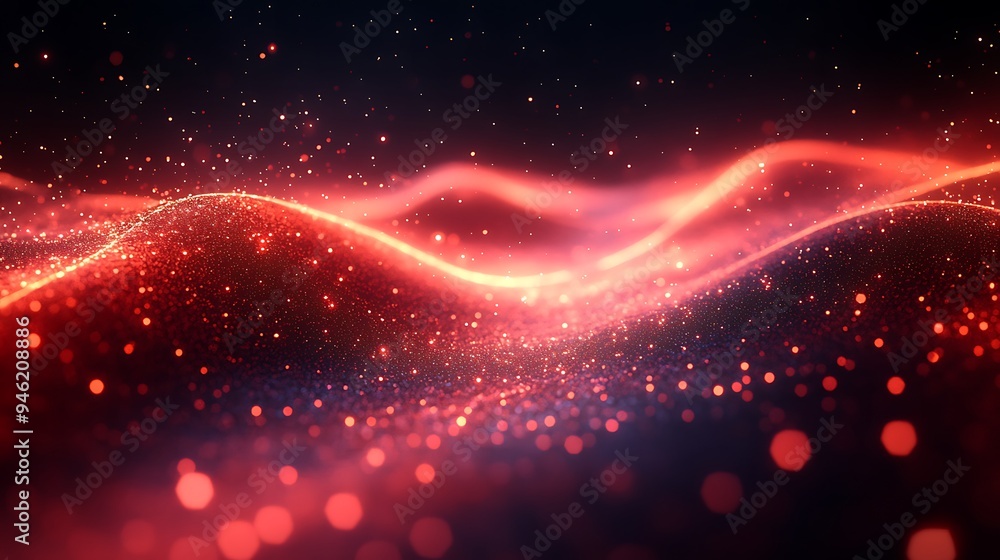 Abstract background of red glowing particles and waves on a dark background. Abstract background of red glowing particles and waves on a dark background.