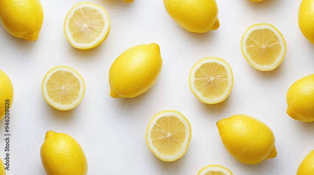 Fresh lemons and lemon slices arranged on a white background. Fresh lemons and lemon slices arranged on a white background.