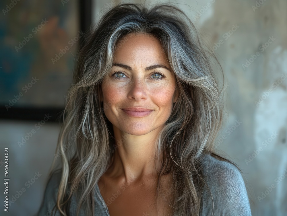 candid portrait of smiling 40yearold woman against textured plaster wall natural lighting emphasizing genuine expression and subtle aging features candid portrait of smiling 40yearold woman against textured plaster wall natural lighting emphasizing genuine expression and subtle aging features