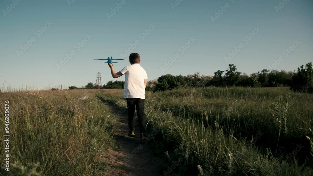 A joyful boy runs through a sunlit field with a toy airplane, embodying the essence of childhood dreams and outdoor play. Ideal for themes of aspiring to be a pilot and carefree days. A joyful boy runs through a sunlit field with a toy airplane, embodying the essence of childhood dreams and outdoor play. Ideal for themes of aspiring to be a pilot and carefree days.