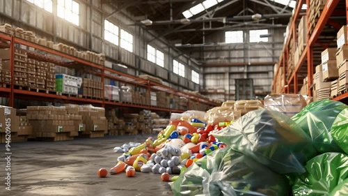 Plastic garbage bags full of waste are lying on the floor of a warehouse, illustrating the concept of overproduction and waste in the modern consumerist society