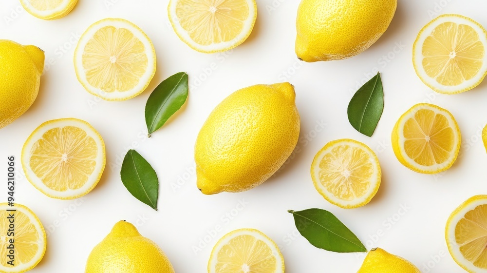 Fresh lemons and lemon slices with leaves on white background. Fresh lemons and lemon slices with leaves on white background.