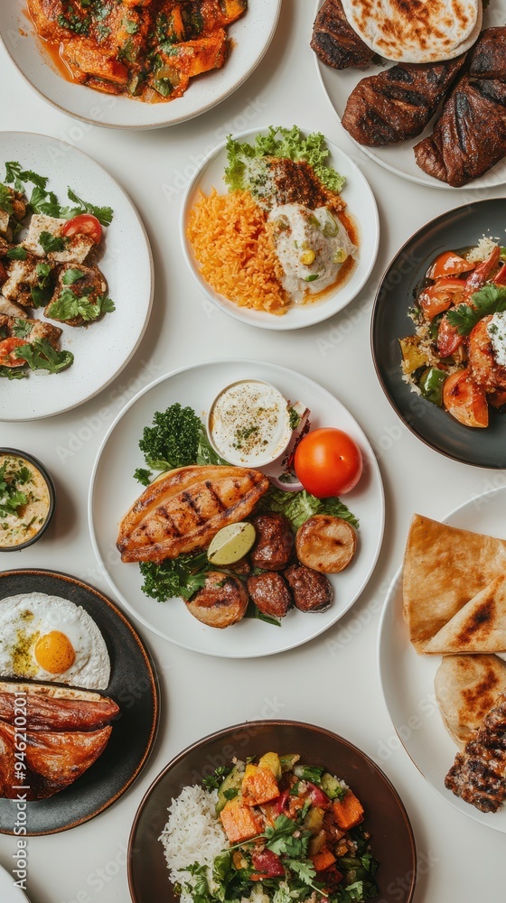 Various delicious Arabic dishes are beautifully arranged on plates, showcasing colorful ingredients and flavors to enjoy Various delicious Arabic dishes are beautifully arranged on plates, showcasing colorful ingredients and flavors to enjoy