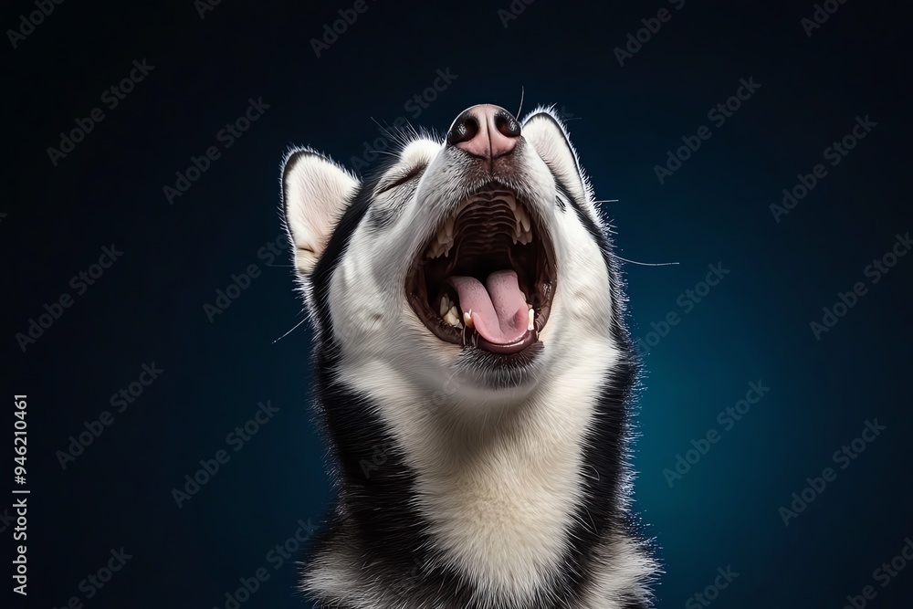 Obraz premium Funny Siberian Husky howling playfully, illustrated with exaggerated expressions, as if the dog is singing a song