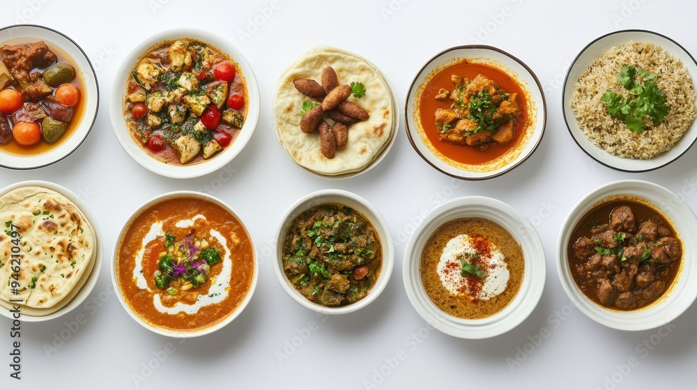 An assortment of Arabic dishes displayed on plates, highlighting the variety of flavors and culinary traditions enjoyed during a communal meal An assortment of Arabic dishes displayed on plates, highlighting the variety of flavors and culinary traditions enjoyed during a communal meal