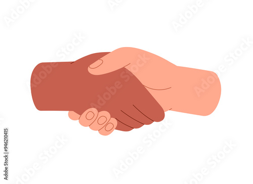 Two person handshake. Sign of greeting, agreement in teamwork, hand shake gesture. Concept of business partnership, interracial friendship. Flat isolated vector illustration on white background