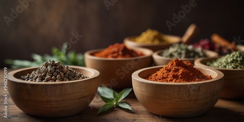 Variety of spices and herbs in wooden bowls.