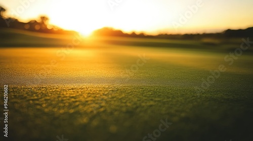 A golf course with a narrow green, blurred sunset in the background, casting a golden glow across the landscape