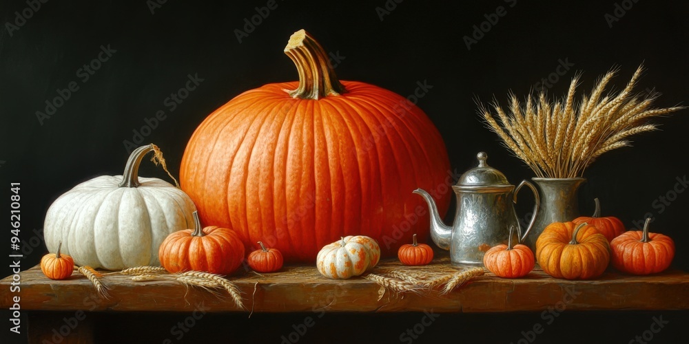 A still life of pumpkins and wheat sheaves on a wooden surface. A still life of pumpkins and wheat sheaves on a wooden surface.