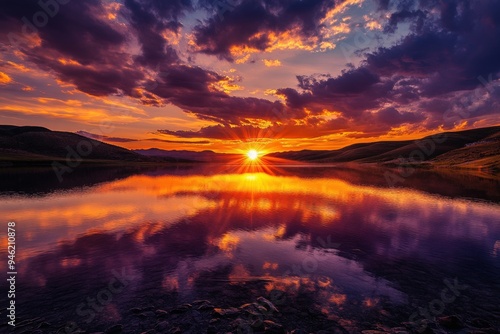 Sunset over a lake in the mountains.