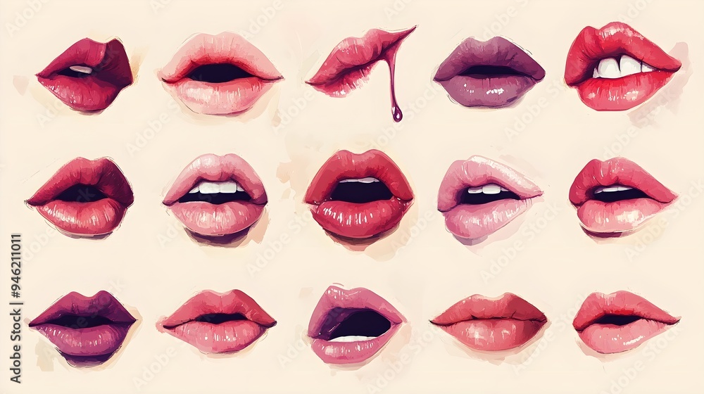 Set of images of beautiful female lips for various facial expressions and color shades in vector style Set of images of beautiful female lips for various facial expressions and color shades in vector style