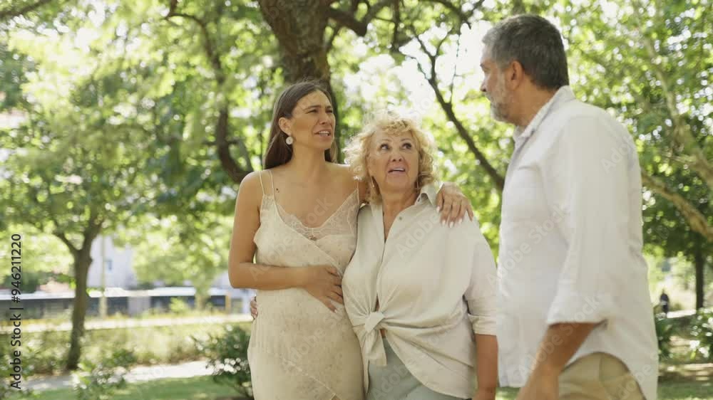 Multigenerational family having a serious discussion in a park Multigenerational family having a serious discussion in a park
