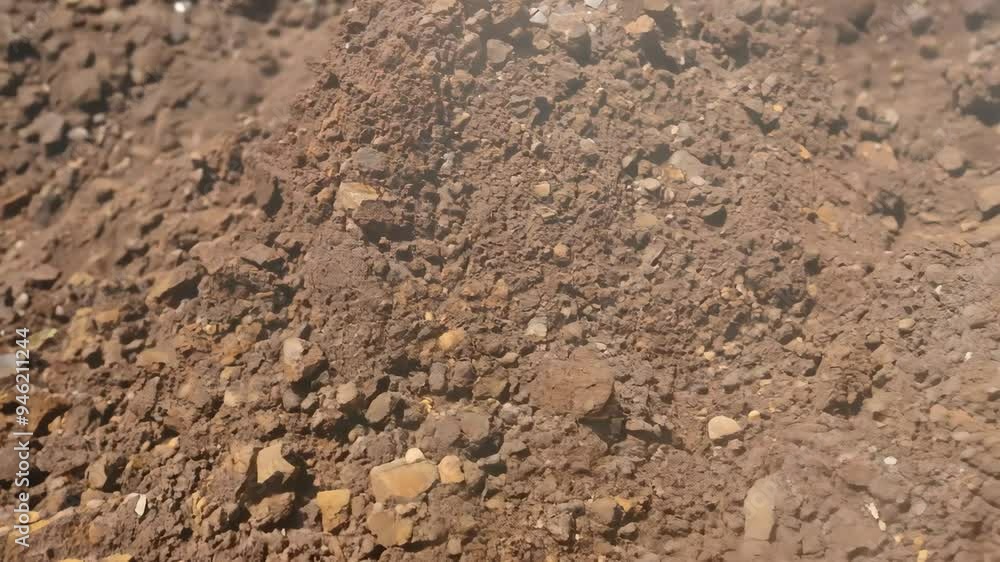 Iron ore chunk embedded in dirt with rough texture and earthy tones closeup Iron ore chunk embedded in dirt with rough texture and earthy tones closeup