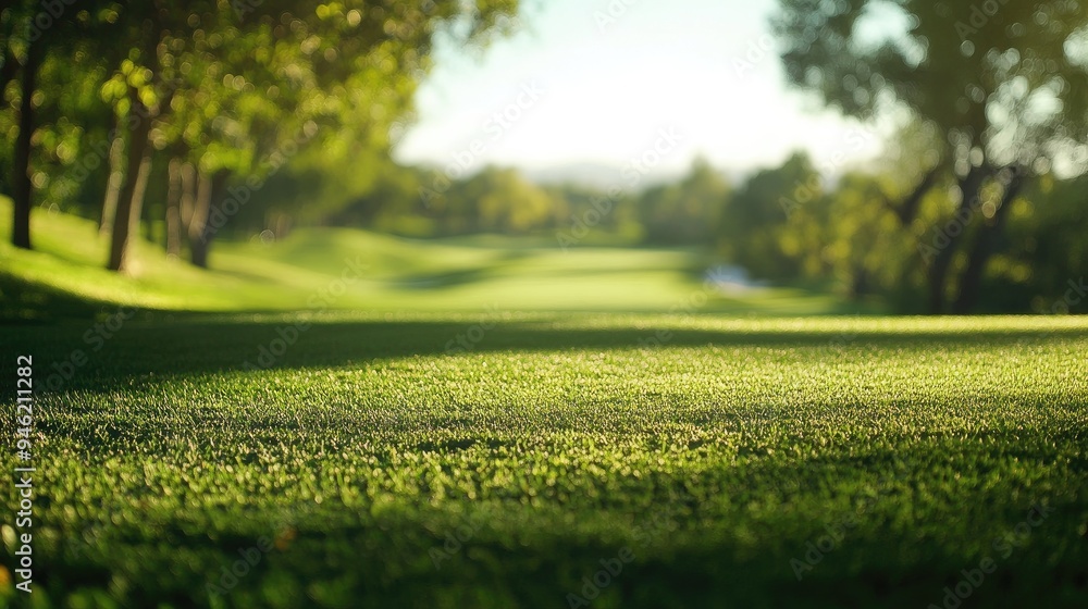A golf course with a sweeping fairway, blurred trees in the background, and a focus on the perfectly placed tee box A golf course with a sweeping fairway, blurred trees in the background, and a focus on the perfectly placed tee box