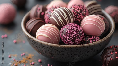 Chocolate truffles sitting in bowl on table decorated with sprinkles