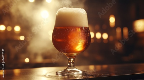 Glass of cold beer standing on bar counter in pub