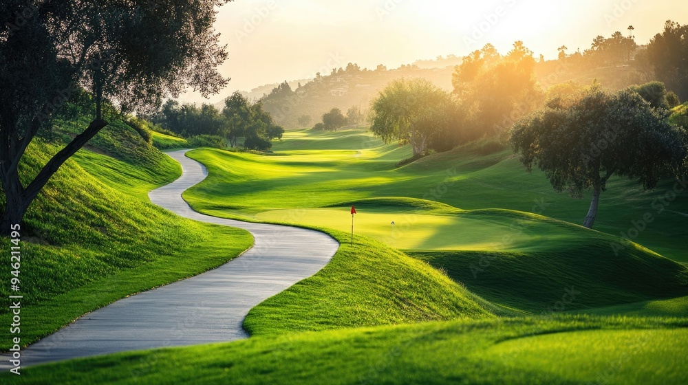 A golf course with a winding path, blurred greenery in the background, leading players towards the next hole A golf course with a winding path, blurred greenery in the background, leading players towards the next hole