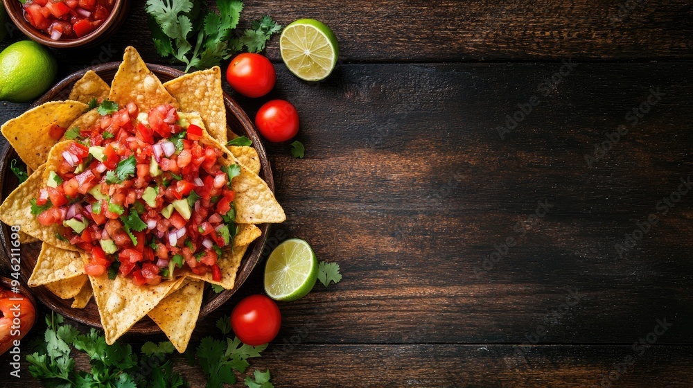 Fresh salsa and tortilla chips on a wooden background. Fresh salsa and tortilla chips on a wooden background.