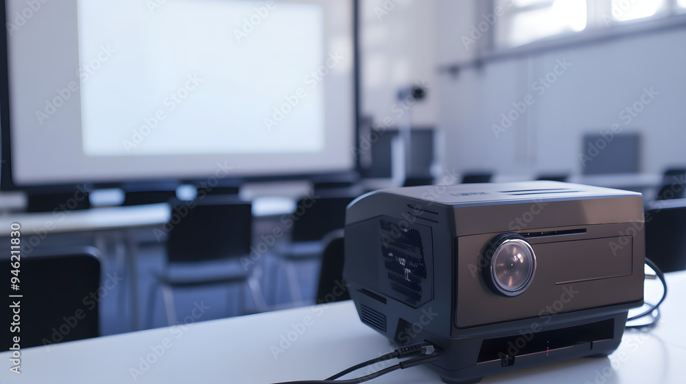 Modern office with sleek projector displaying sharp image on white screen, laptop connectivity, advanced technology in practical setting Modern office with sleek projector displaying sharp image on white screen, laptop connectivity, advanced technology in practical setting