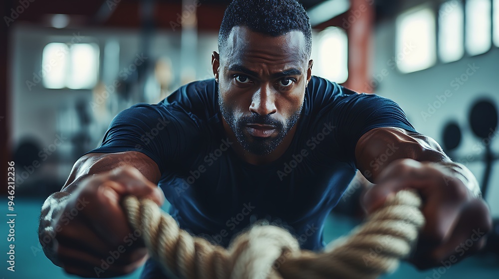 A determined athlete pulls a heavy rope during an intense workout. A determined athlete pulls a heavy rope during an intense workout.