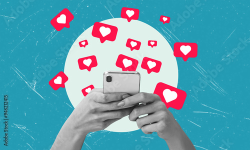 Contemporary art collage artwork featuring a hand holding a modern phone, heart social media badge.