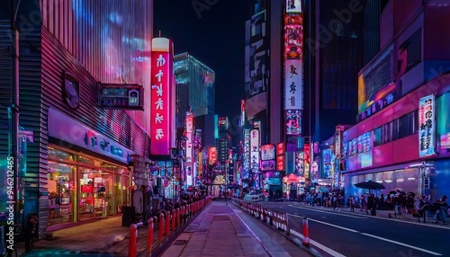 Wide-Angle Night View of Tokyo's Neon Streets in Downtown Shinjuku