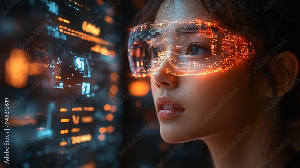A user interacts with a holographic interface on smart glasses, enhancing the management of chronic conditions in an advanced digital workspace. A user interacts with a holographic interface on smart glasses, enhancing the management of chronic conditions in an advanced digital workspace.