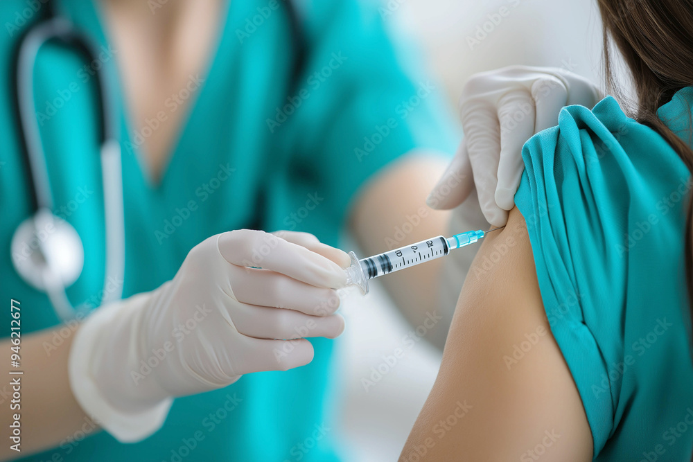 A medical worker makes an injection with a syringe into a person's skin. Vaccination. flu prevention. A medical worker makes an injection with a syringe into a person's skin. Vaccination. flu prevention.