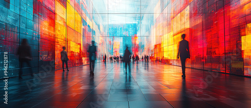 A high-tech digital marketplace where software and AI solutions are visualized as vibrant, interactive exhibits 
