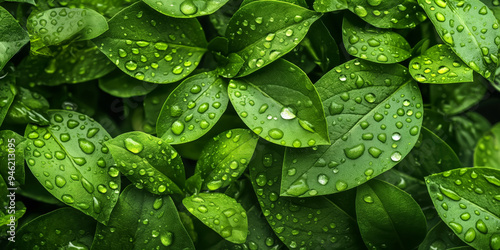 Close-up of raindrops on vibrant green leaves, highlighting the freshness and beauty of nature during a rain shower.