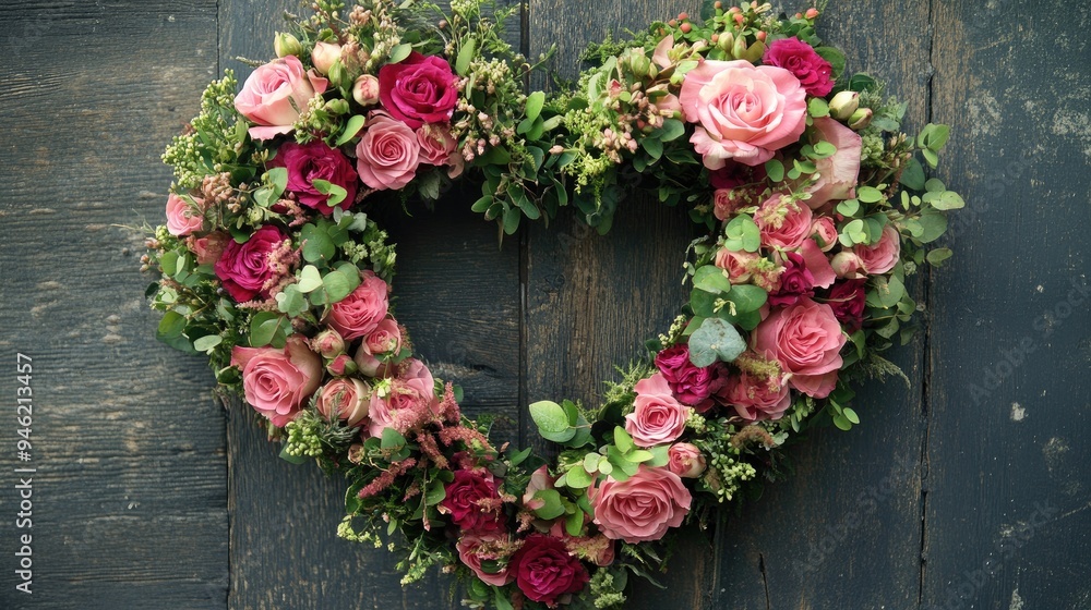 A heart-shaped wreath made of roses and greenery, ideal for romantic and elegant wedding decor A heart-shaped wreath made of roses and greenery, ideal for romantic and elegant wedding decor