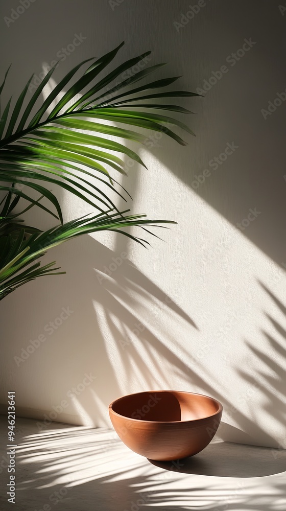 Empty terracotta bowl casting shadow on white table with palm tree Empty terracotta bowl casting shadow on white table with palm tree