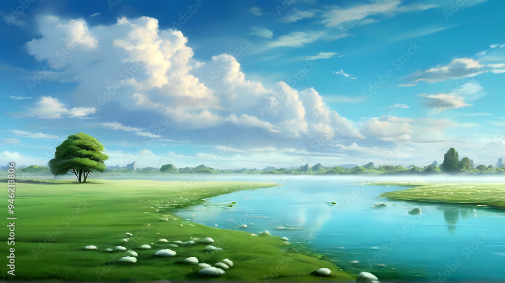 White clouds, a beautiful sky, and verdant grass White clouds, a beautiful sky, and verdant grass