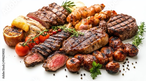 A variety of grilled meats and vegetables artfully arranged on a white platter, showcasing an enticing summer barbecue spread