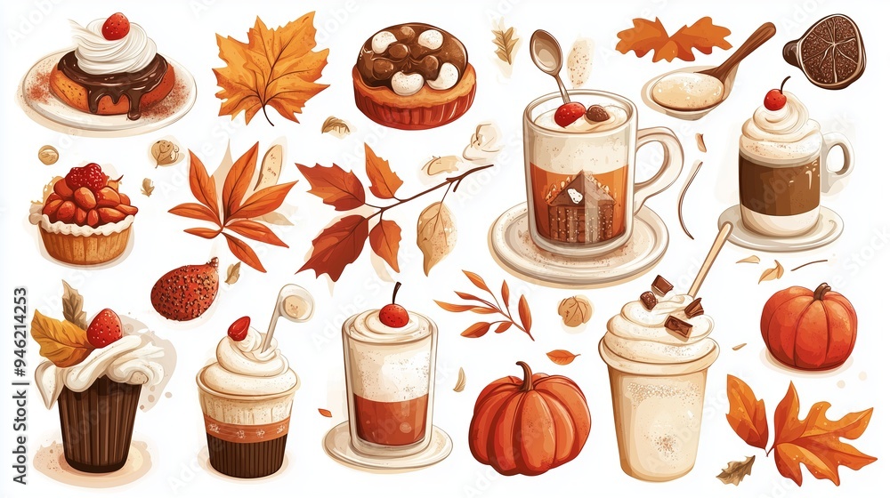 Autumn-themed dessert and beverage collection featuring seasonal flavors and ingredients in a cozy setting Autumn-themed dessert and beverage collection featuring seasonal flavors and ingredients in a cozy setting