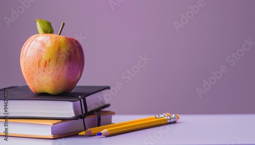 cademic books and pencils with an apple, set against a muted lavender background for school promotions Text space on the right photo