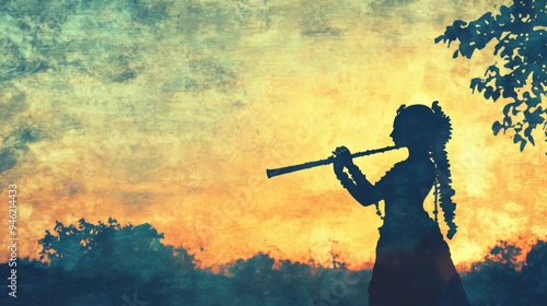 Silhouette of Hindu God Lord Krishna with Blue Skin Playing Flute at Sunset, for Krishna Janmashtami and Govardhan Puja Celebrations on Background with Copy Space photo