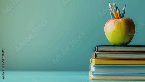 cademic books and pencils topped with an apple, set against a muted cyan background for school promotions Text space on the right photo