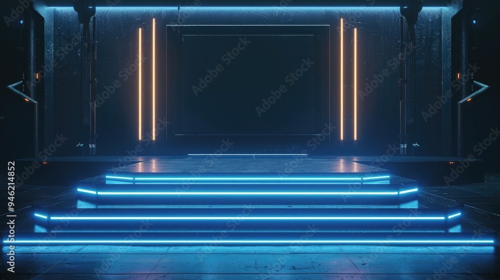 Obraz premium Cyberpunk blue empty podium with glowing lamp frame in the dark for product presentation. Technology and Sci-fi concept. 3D illustration rendering