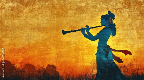 Silhouette of Hindu God Lord Krishna with Blue Skin Playing Flute at Sunset, for Krishna Janmashtami and Govardhan Puja Celebrations on Background with Copy Space photo