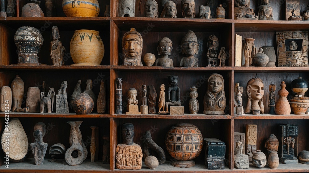 Fototapeta premium A collection of artifacts from different cultures arranged on shelves in a study room.