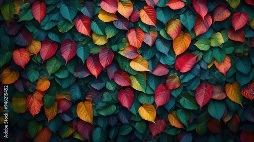 Colorful Autumn Leaves on Green Wall Texture Background - Top View Fall Foliage Pattern. AI generated illustration